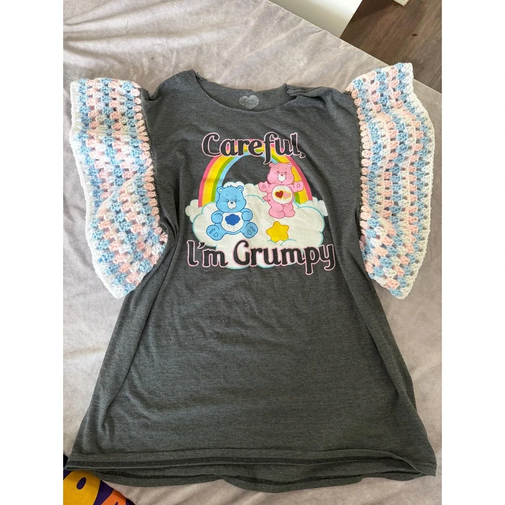 One of a Kind Upcycled Care Bears Graphic Tee with Hand Crocheted Sleeves Large